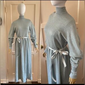 Vintage 1960's Pearly Blue Metallic turtleneck Wool Sweater Dress Size US 16